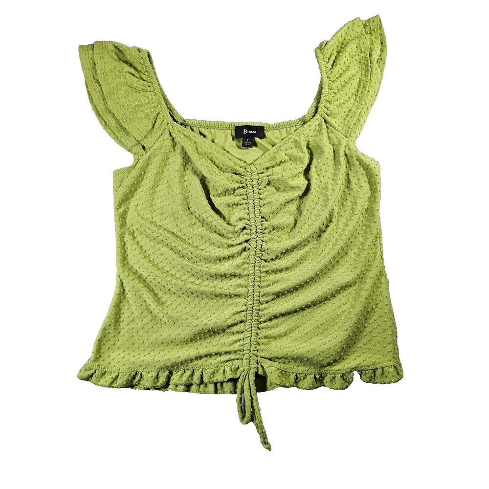 Womens Y2k Green Swiss Dot Fairycore Ruched Front Flutter Sleeve Top Sz L